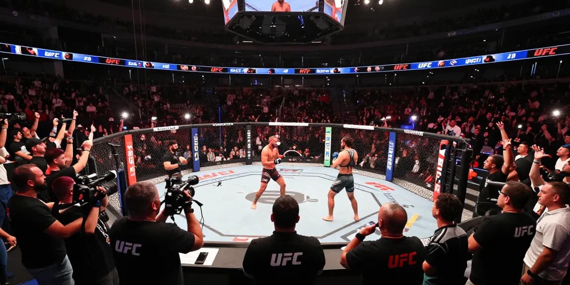 UFC en vivo en un evento de MMA con peleadores en acción y fans emocionados.