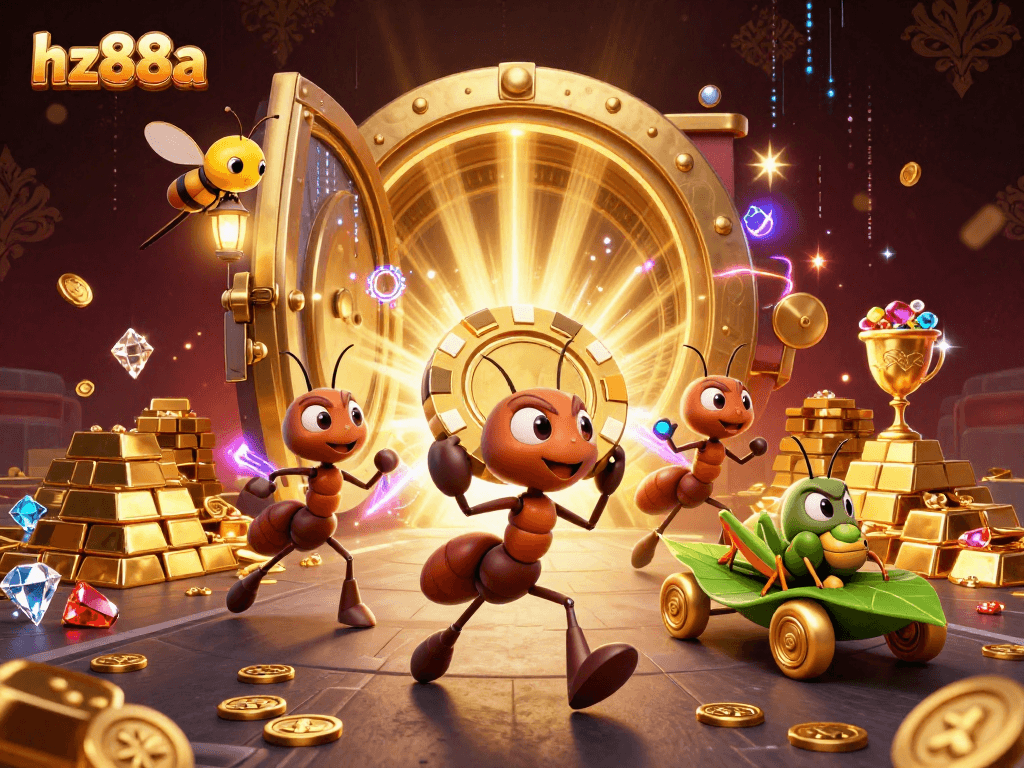 Ants execute a heist at hz88a, capturing a golden poker chip in a vibrant casino scene.