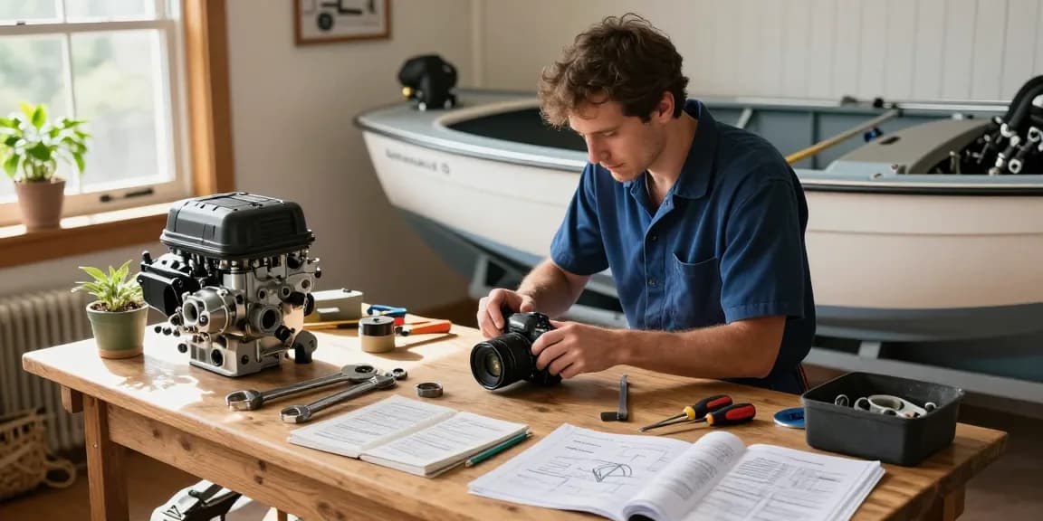 Reparación de motores con un mecánico de barcos a domicilio en su espacio de trabajo