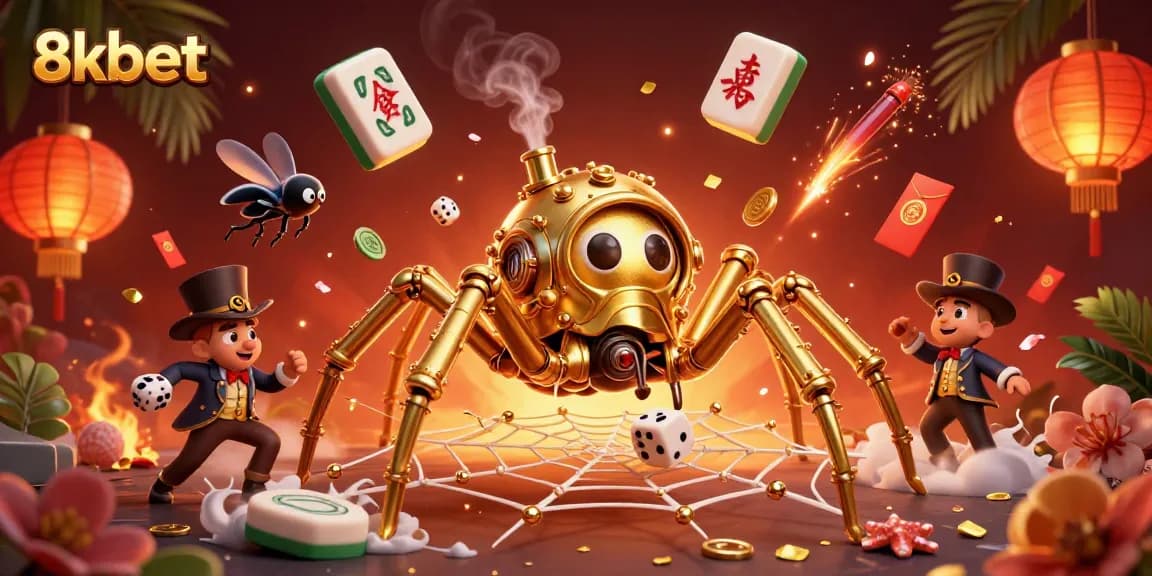Catch winnings at 8xbet featuring a golden spider and dice in a richly detailed steampunk scene.