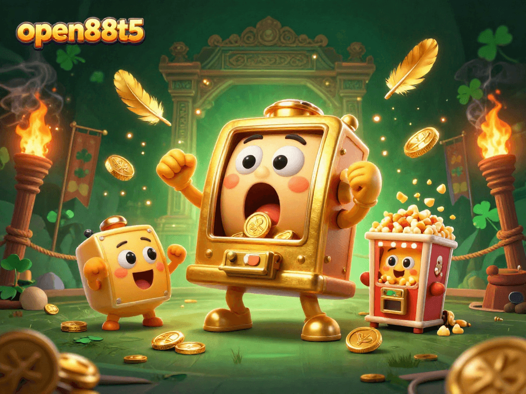 Experience open88t5's jackpot excitement as golden coins cascade from a surprised slot machine in a thrilling casino scene.