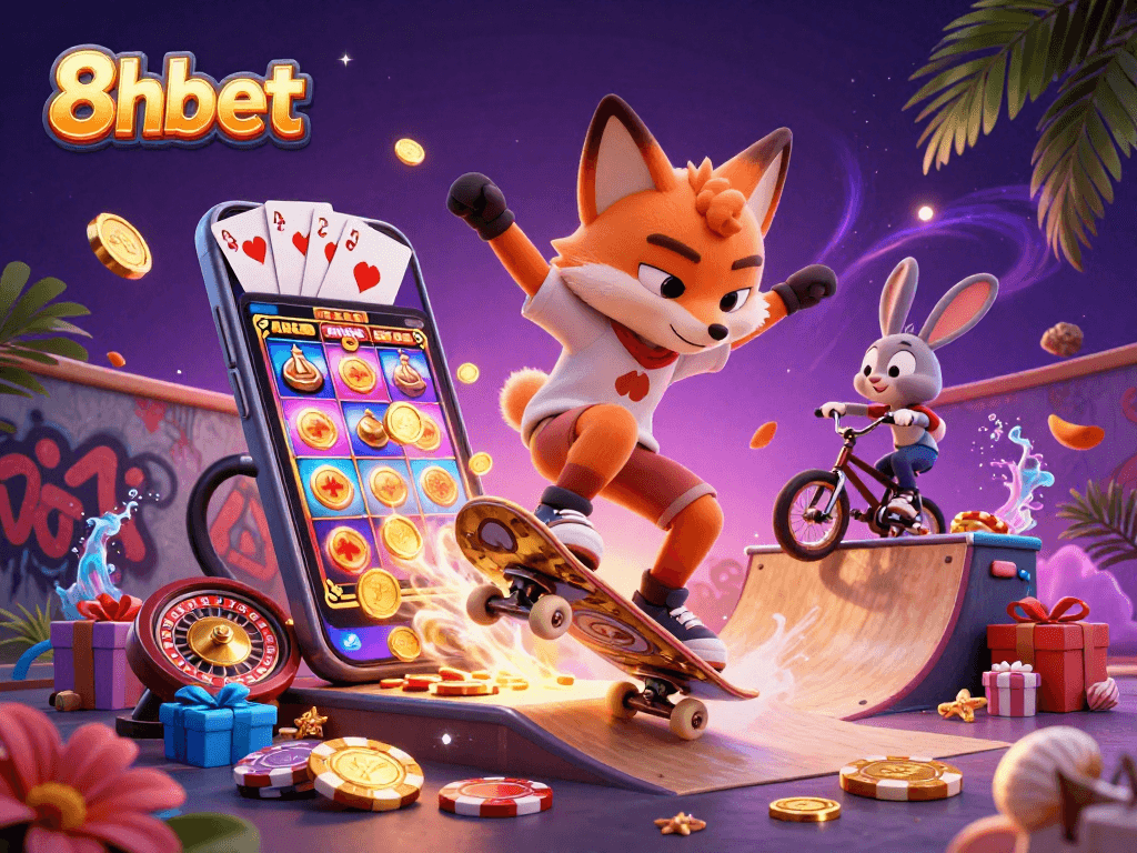 Experience thrilling gameplay with 8xbet featuring a skateboarder fox and BMX rabbit in a vibrant casino scene.