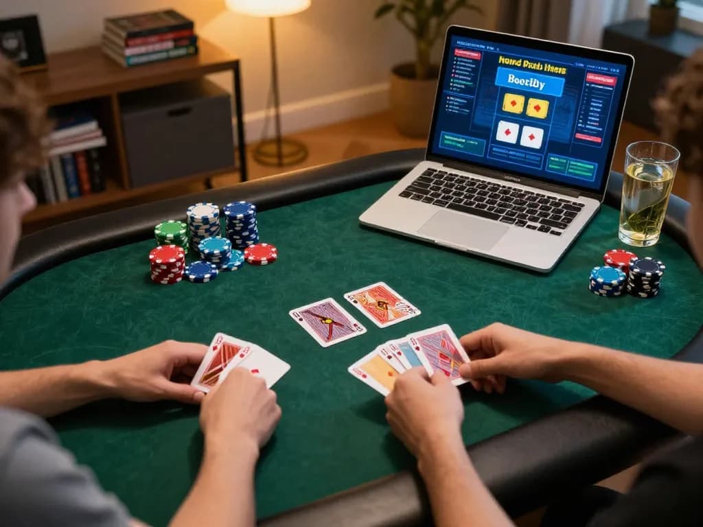 Players engaging in an online poker game at home, showcasing kjc's strategic gaming environment with chips and cards visible