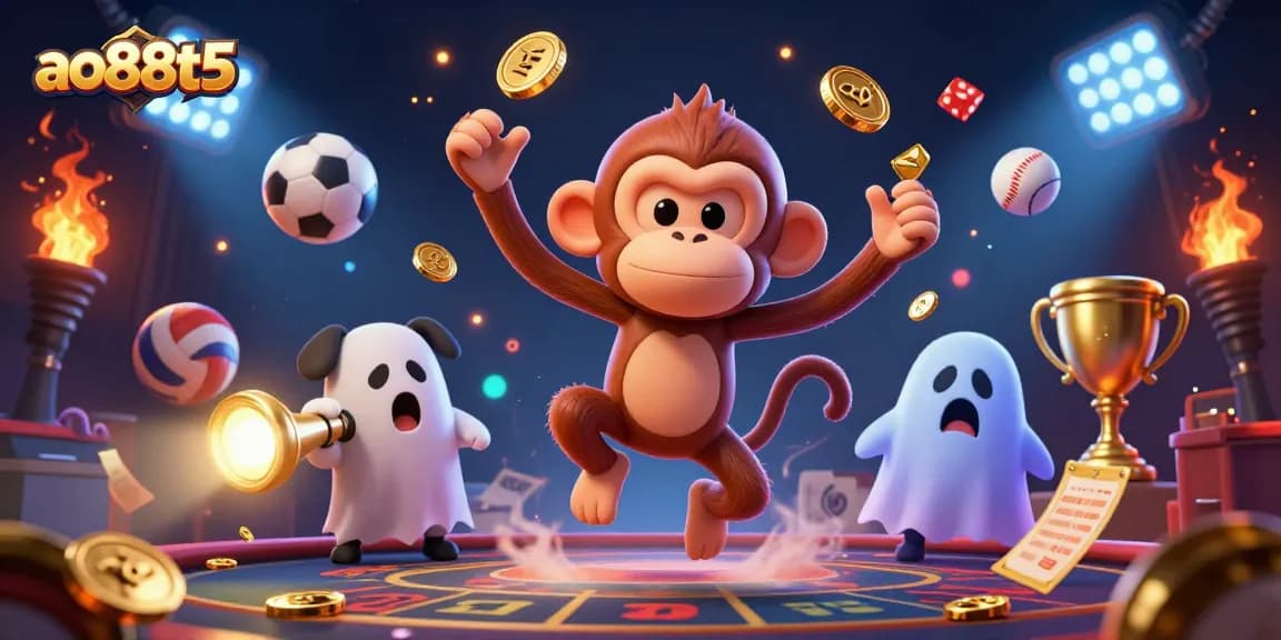 Witness the enchanting scene at ao88t5 as a poltergeist monkey juggles while a curious puppy tracks its golden antics.