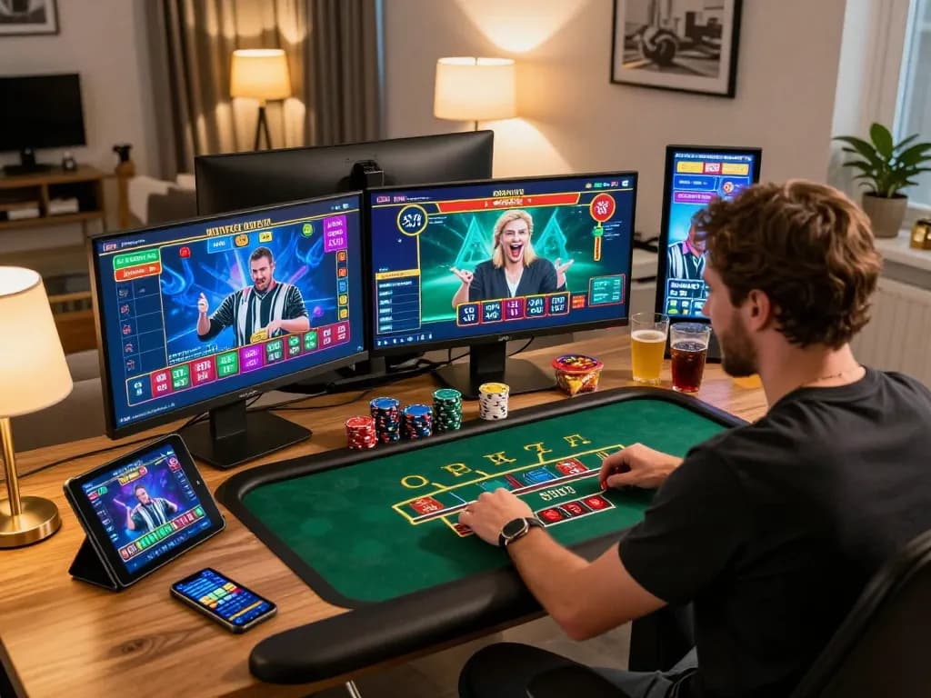 Engaging in a live dealer blackjack game on GG88 with multiple screens and a cozy setup.