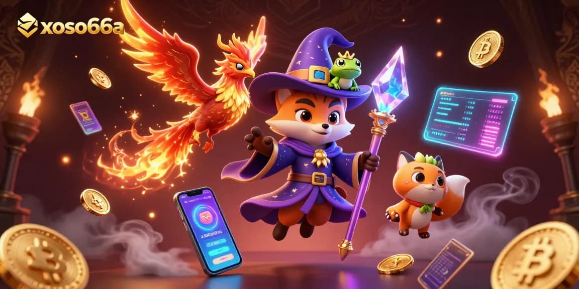 Engage with xoso66a's captivating 3D digital casino adventure featuring mystical fox and phoenix alongside vibrant crypto elements.