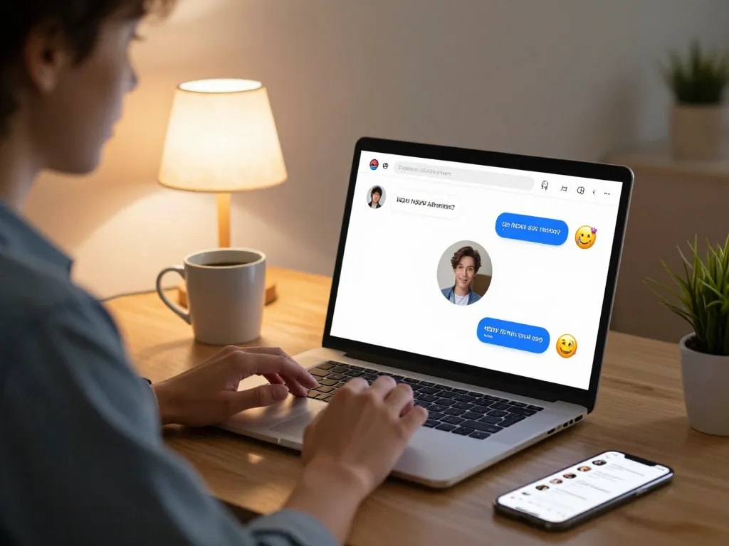 Engaging user interacting with an AI chat NSFW platform at home, showcasing a cozy tech setup.