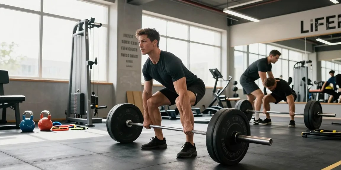Entrenador de Esteroidesshop realizando levantamiento de pesas en gimnasio moderno, ambiente motivador.
