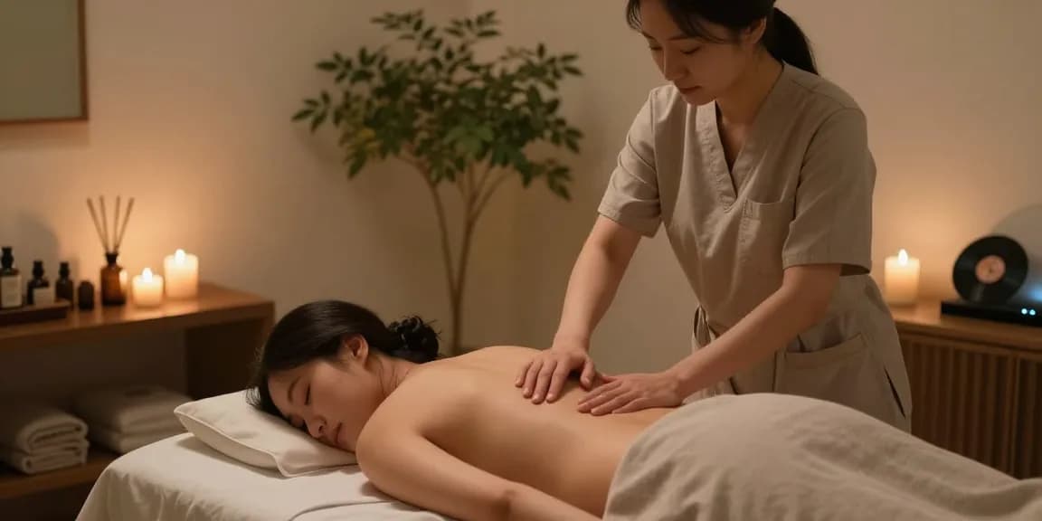 안양출장마사지 session in a serene wellness studio with a massage therapist and soothing atmosphere.