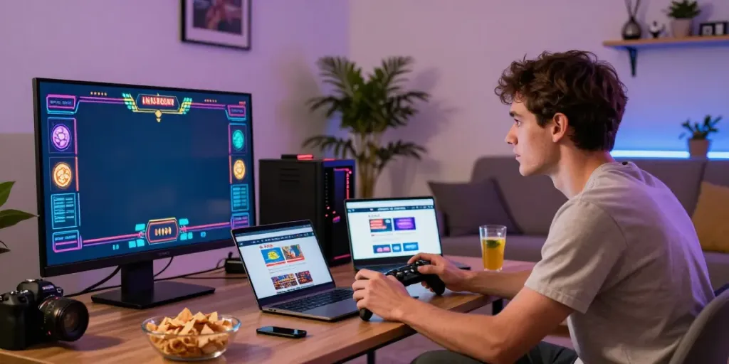 Engaged gamer playing C168 live casino game in a cozy living room setting.