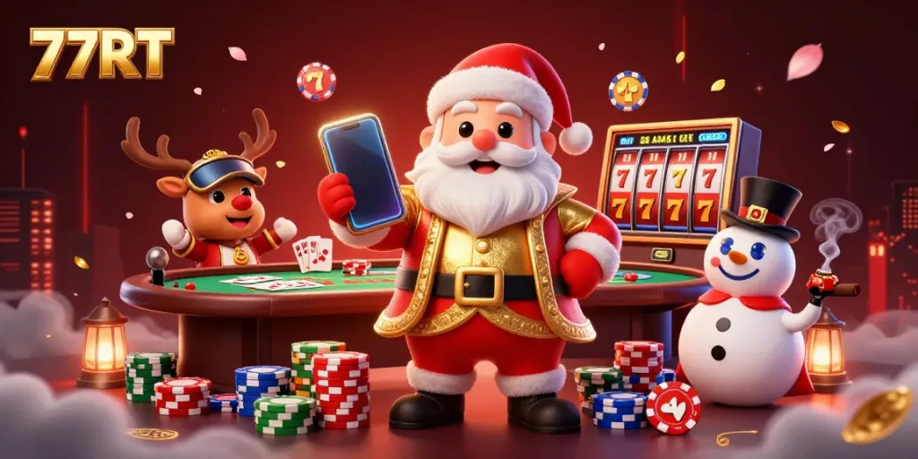 Experience gaming excitement with 77RT as Santa and friends celebrate jackpots in style.