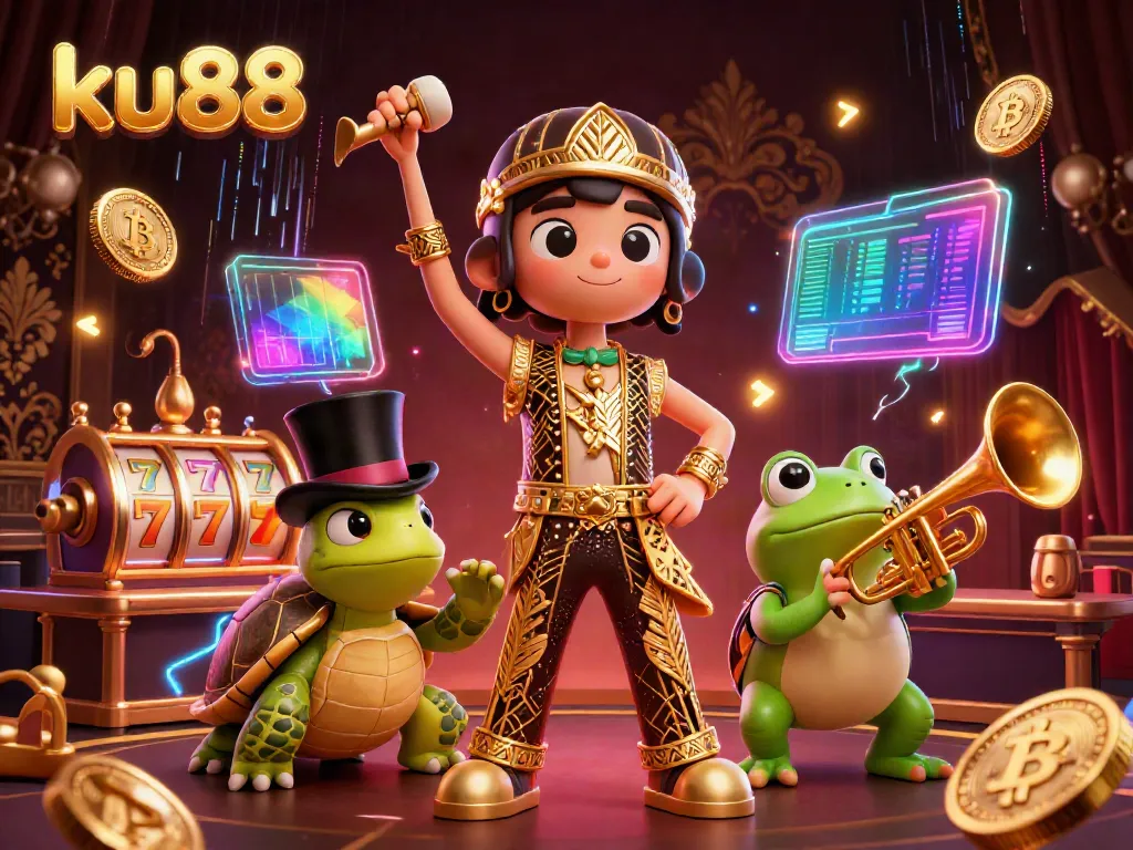 Experience the excitement of ku88 in this vibrant 3D casino scene featuring lively characters and glowing game elements.
