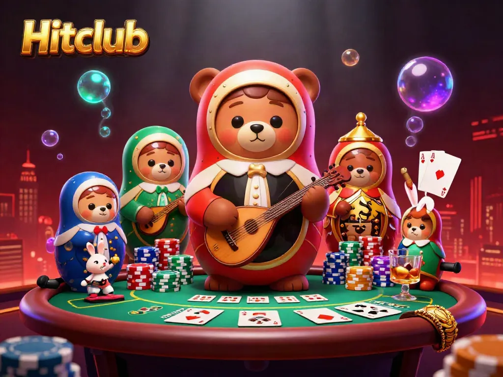 Experience immersive gambling with Hitclub featuring 3D cartoon bears and casino elements in a vibrant setting.