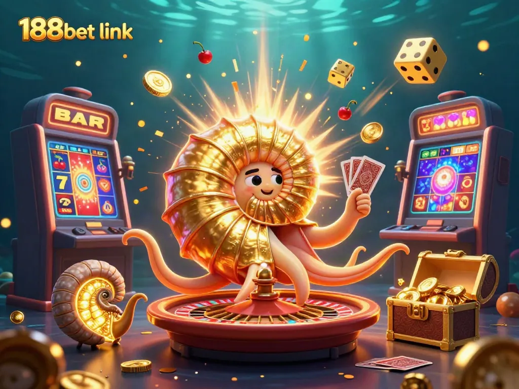 Experience the excitement of the 188bet link with a vibrant casino scene featuring a glowing nautilus and colorful slot elements.