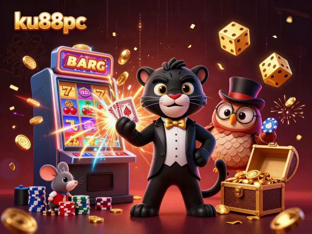 Engage in thrilling casino action with ku88pc as a stylish panther deals cards amidst jackpot bursts and vibrant casino elements.