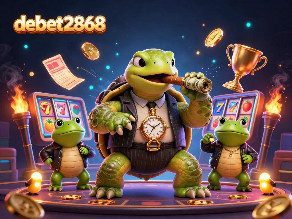 Engage in action at debet2868 with a dynamic casino scene featuring a cartoon turtle and bullfrogs.