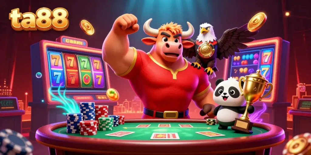 Experience the thrilling world of ta88 with vibrant 3D characters celebrating a jackpot win at a lively casino scene.