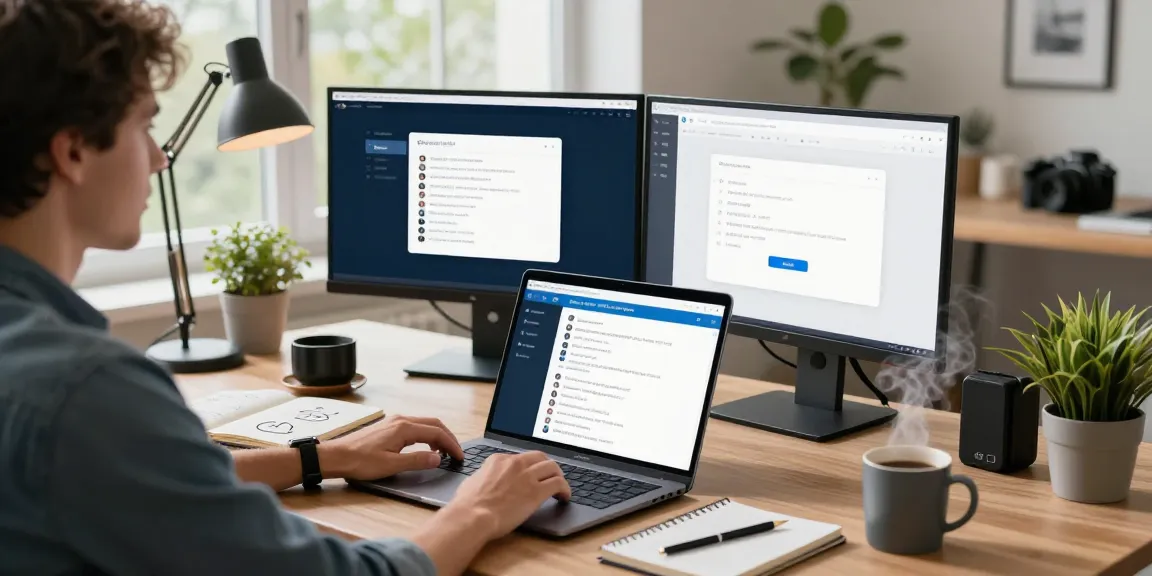 Engaged user interacting with Telegram Web Version on a sleek laptop in a modern home office setting.