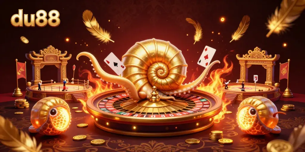 Experience the excitement at du88 with a giant nautilus as a roulette wheel, surrounded by vibrant casino elements.