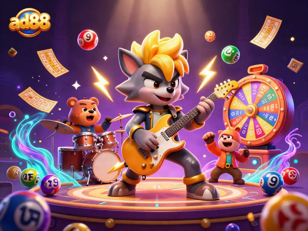 Experience the thrill of ad88 with a vibrant casino scene featuring a rock star wolf and dynamic gaming elements!