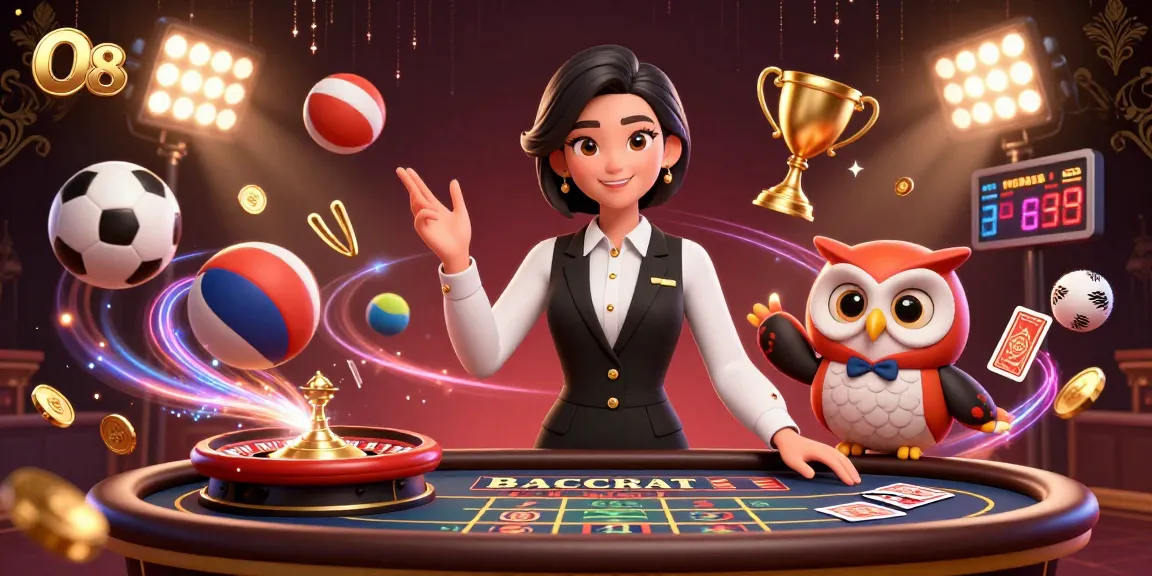 Play at O8, where the dealer and an owl assistant guide gamblers through an exciting baccarat game.