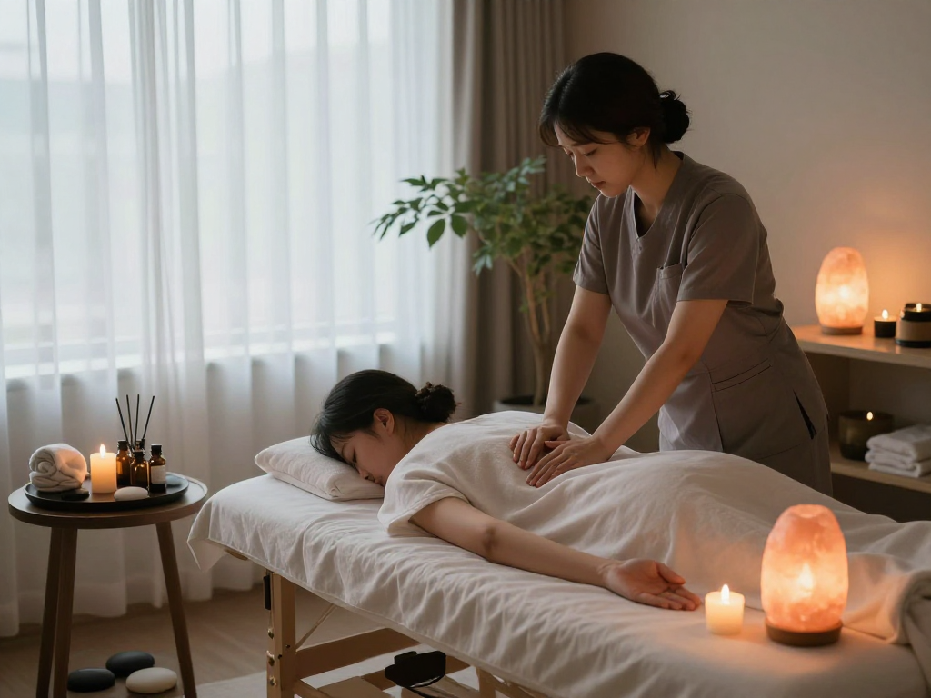 Therapist providing 서울출장안마 massage in a serene spa setting.