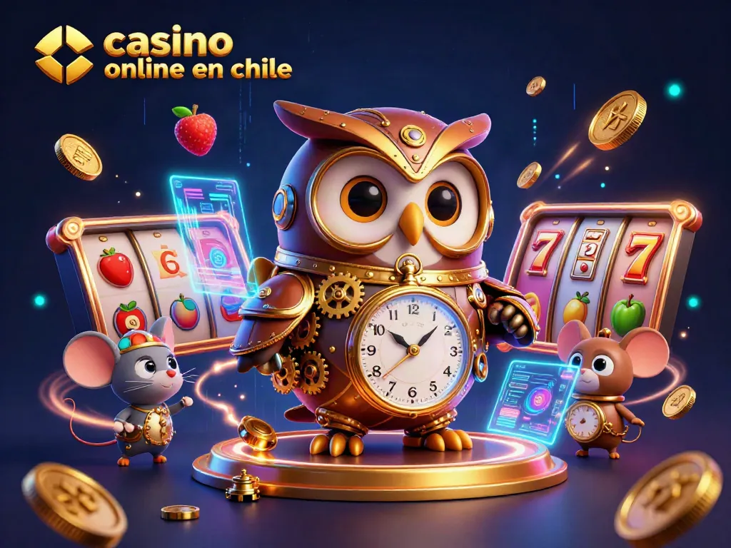 Juega en el casino online en Chile rodeado de tragamonedas y elementos de premios.