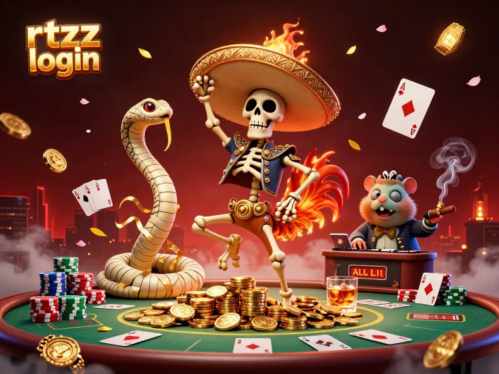 Engage with the vibrant rtzz login scene featuring the skeleton mariachi, mummy snake, and zombie DJ amidst poker and festive elements.