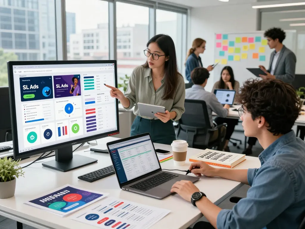 Marketing strategist reviewing SL Ad performance metrics in a modern office.