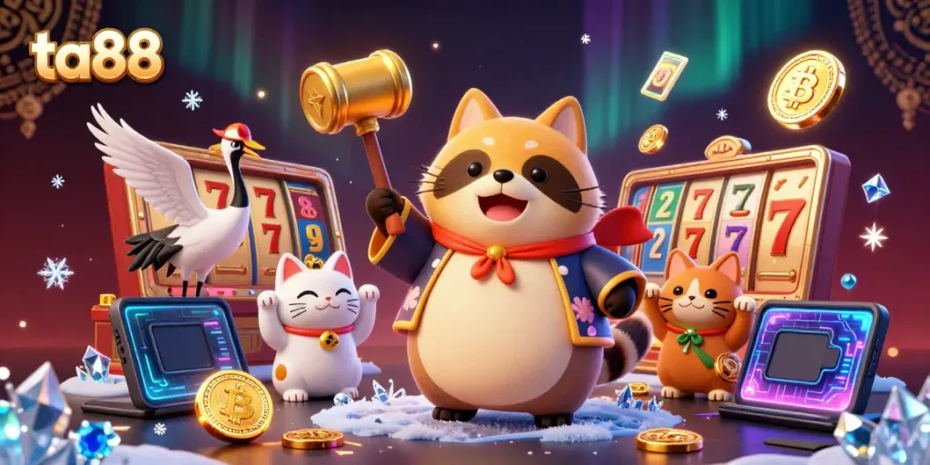 Experience fun and winning with ta88 as the tanuki and friends celebrate in a lively casino scene.