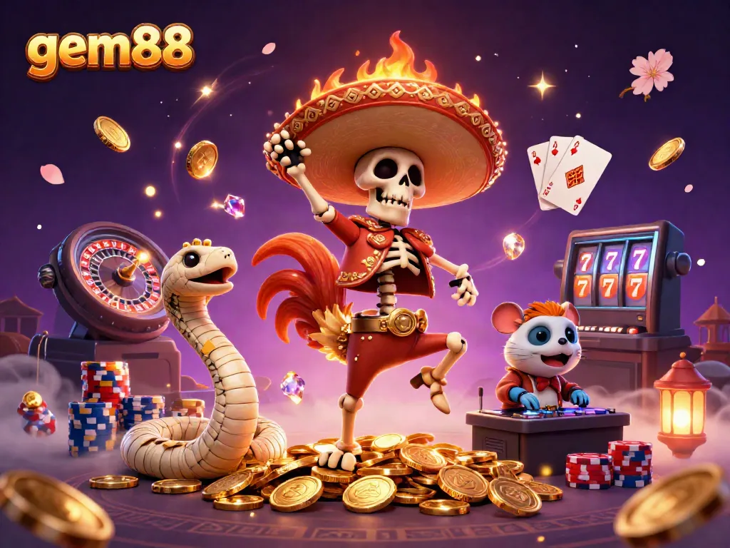 Experience the excitement of gem88 with a vibrant celebration of gaming featuring characters and casino elements.