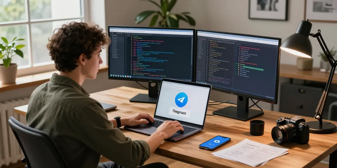 Dynamic workspace featuring Telegram Web on a modern laptop amidst tech gear and natural light.