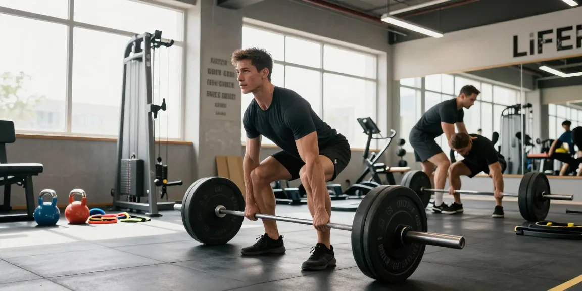 Entrenador de Esteroidesshop realizando levantamiento de pesas en gimnasio moderno, ambiente motivador.