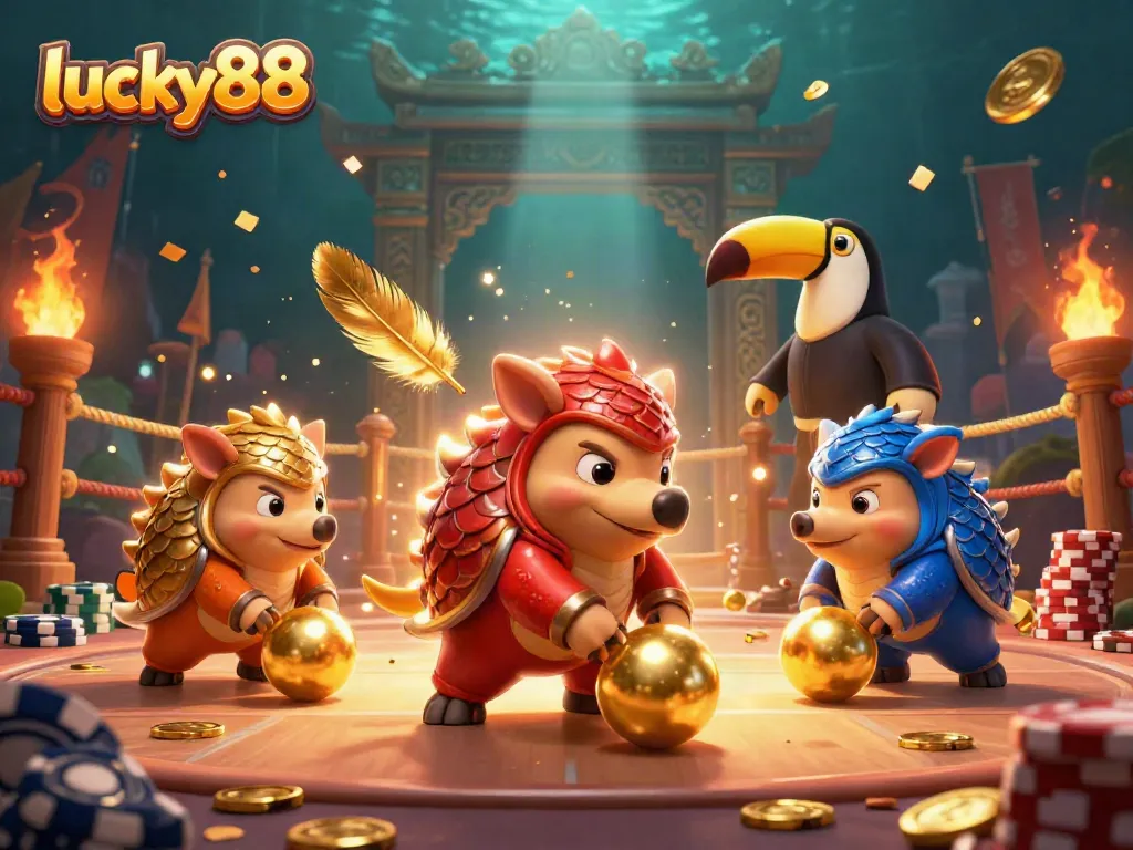 Bet on luck with lucky88 as rival pangolins battle in a vibrant casino scene.