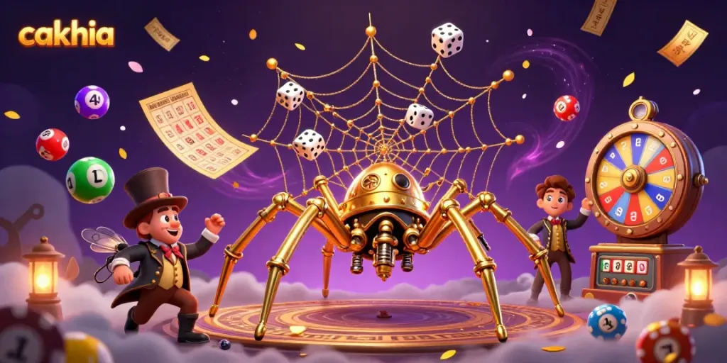 Cakhia captures the excitement of online gambling with vivid details of a golden spider web, dice, and lottery balls.