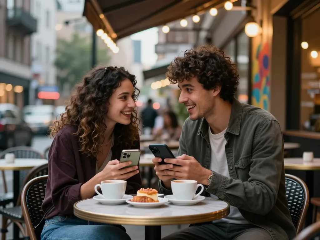Couple enjoying pg bokep content at a stylish café, capturing urban lifestyle.