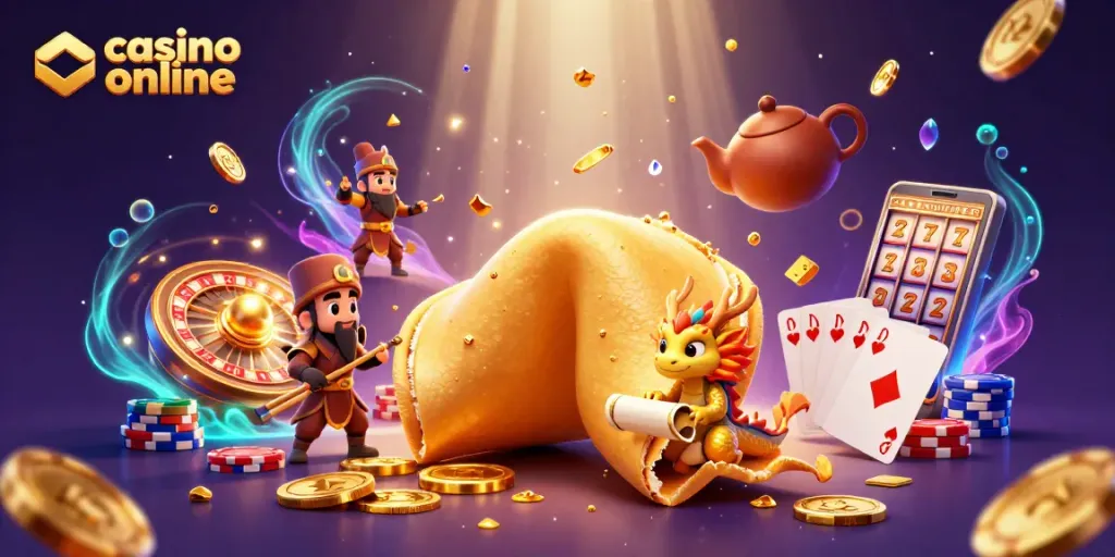 Disfruta de la acción de casino online con un dragón y una galleta de la fortuna dorada