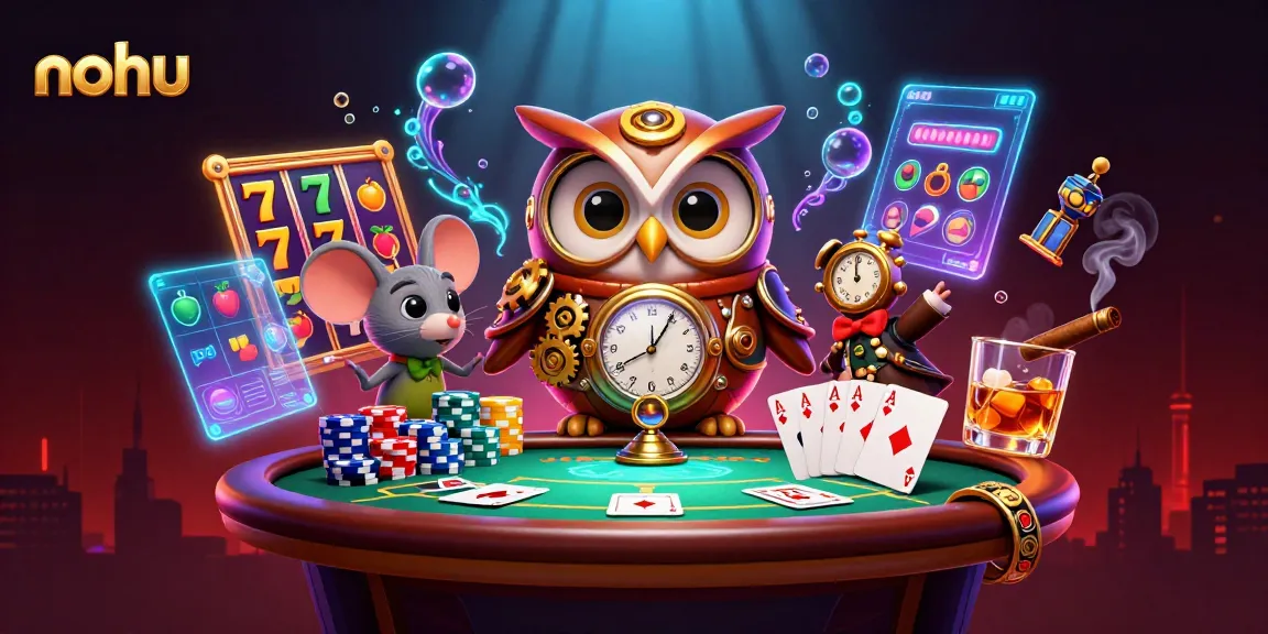 Nohu attracts players with vibrant slot reels, jackpot counters, and exciting game dynamics in a colorful casino scene.