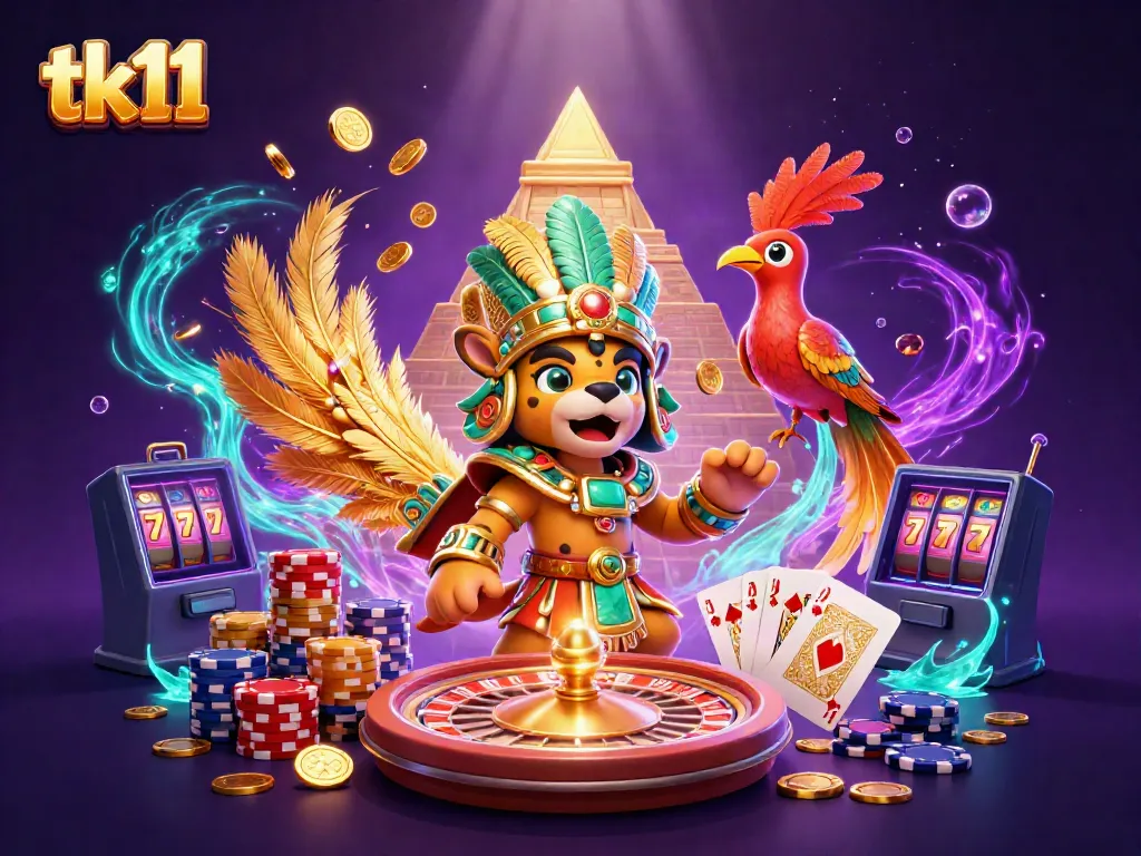 tk11 vibrant casino scene featuring a Mayan priest and a quetzal bird amidst gold coins and sparkling gems