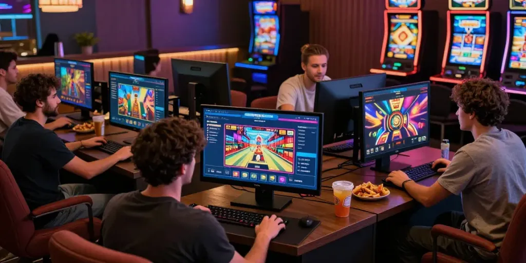 Nohuwin gaming platform showcasing vibrant interfaces and enthusiastic players interacting in a lively casino atmosphere.