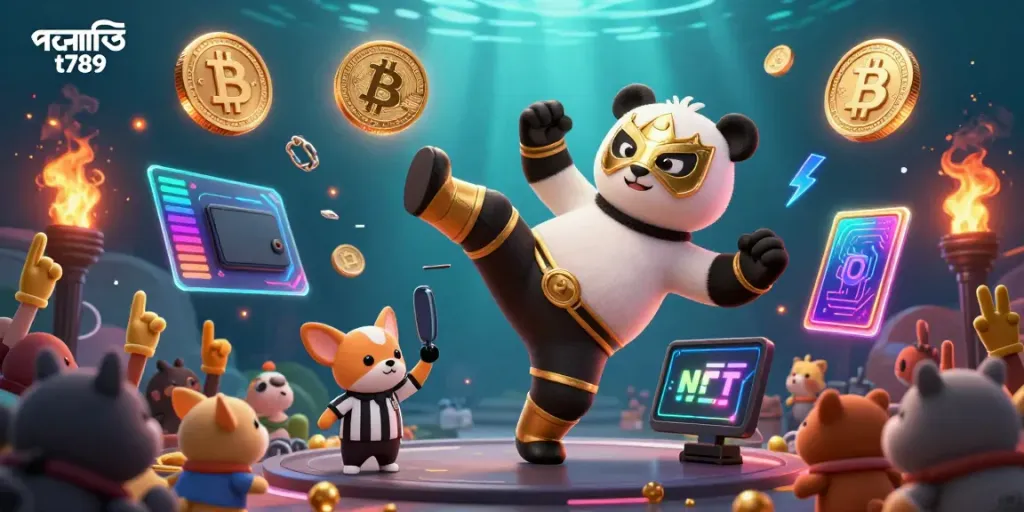 Experience the excitement of পদোন্নতি t789 with a lively scene featuring a wrestler panda showcasing dynamic moves amidst crypto-themed elements.