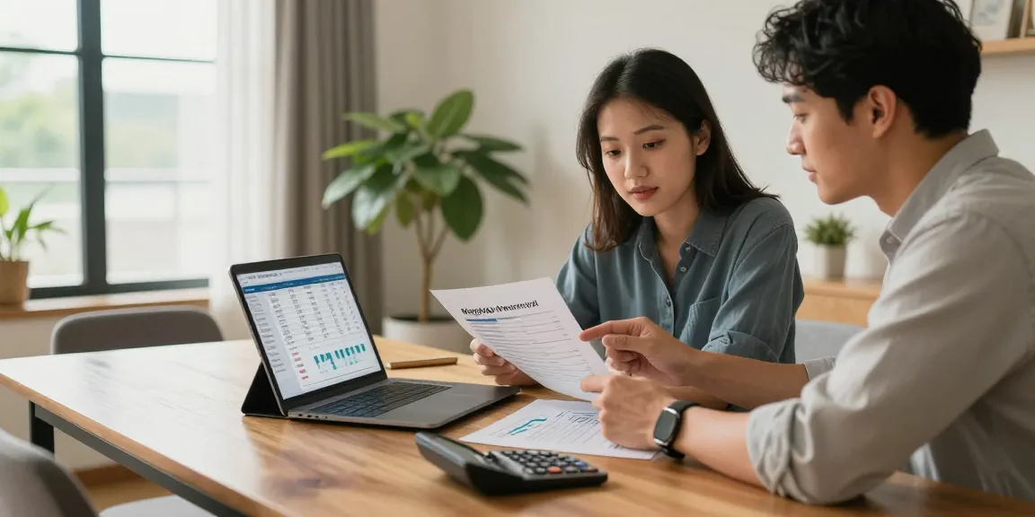 Couple using an online simulator to simular hipoteca and calculate mortgage payments in a modern home office.