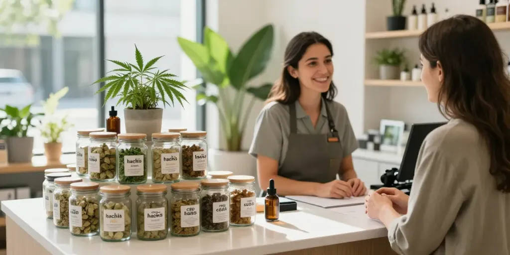 Engaging CBD hash display in a dispensary highlighting hachís cbd products.