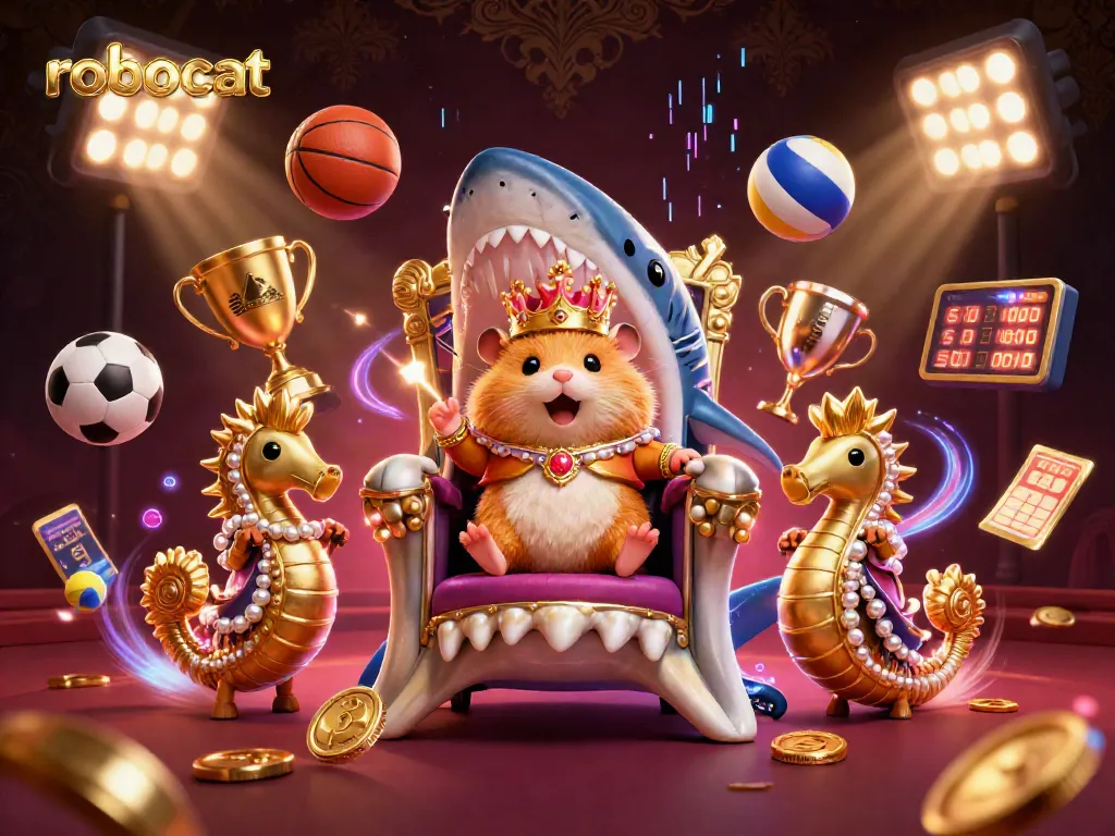 Experience betting excitement with robocat in a dynamic casino scene showcasing sports elements and royal characters.