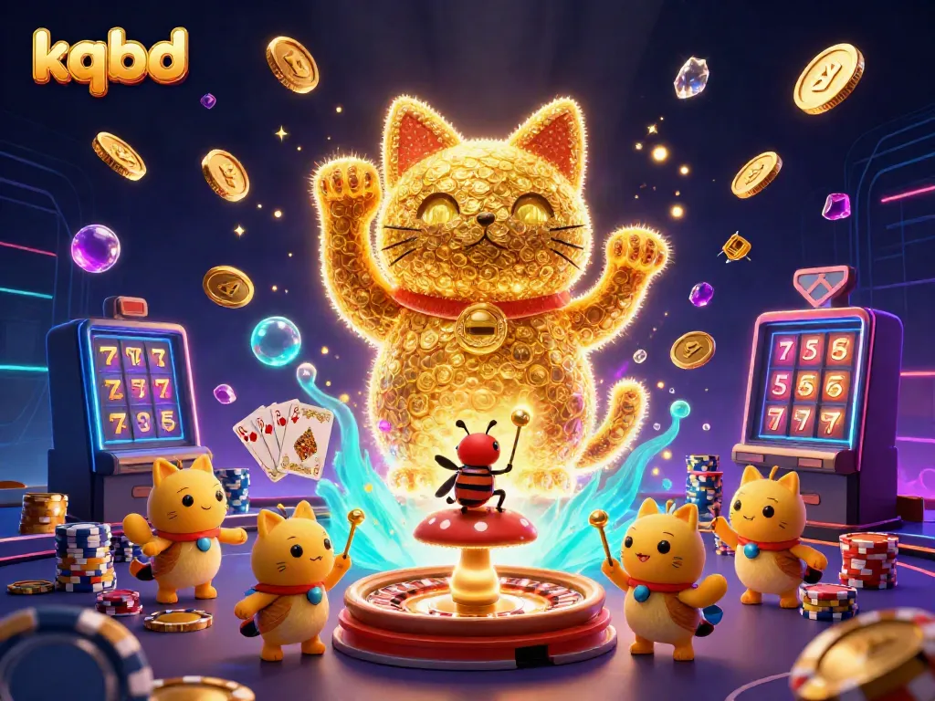 Celebrate wins with kqbd's vibrant casino illustration of a lucky cat amid golden coins and gems.