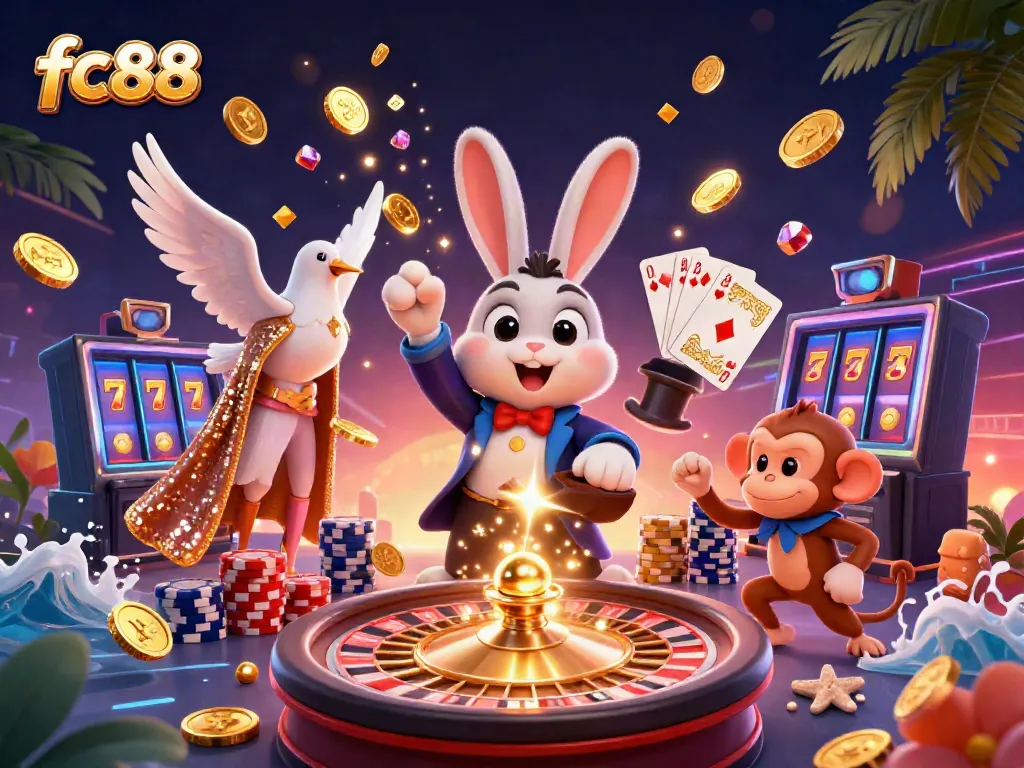 Experience the excitement of fc88 with a playful scene of a magician rabbit and colorful gaming elements.