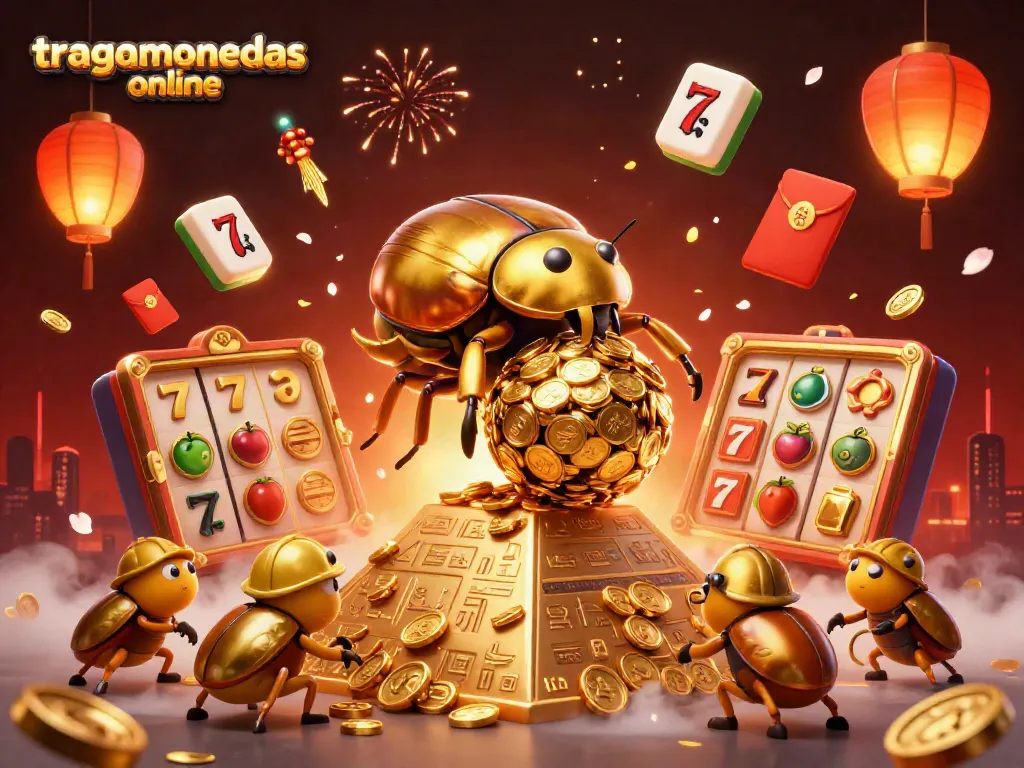 Juega tragamonedas online con un fondo dinámico de símbolos de casinos y un escarabajo dorado