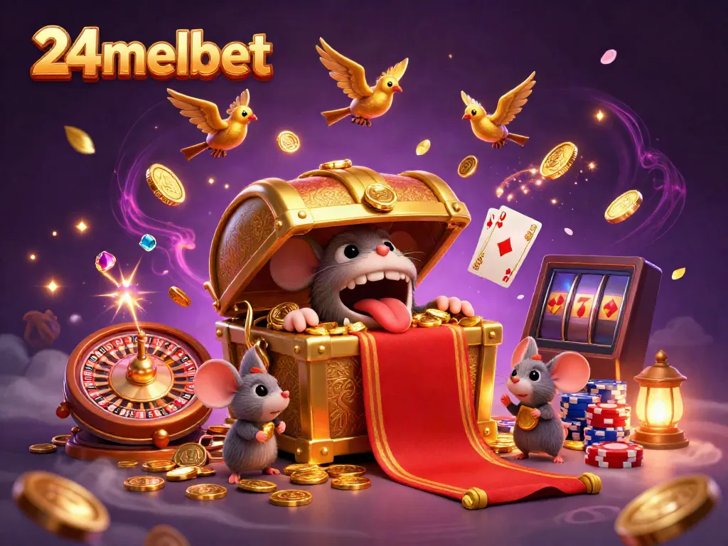 Engage in a vibrant 3D casino adventure with 24melbet's cartoon treasure chest and animated game symbols.
