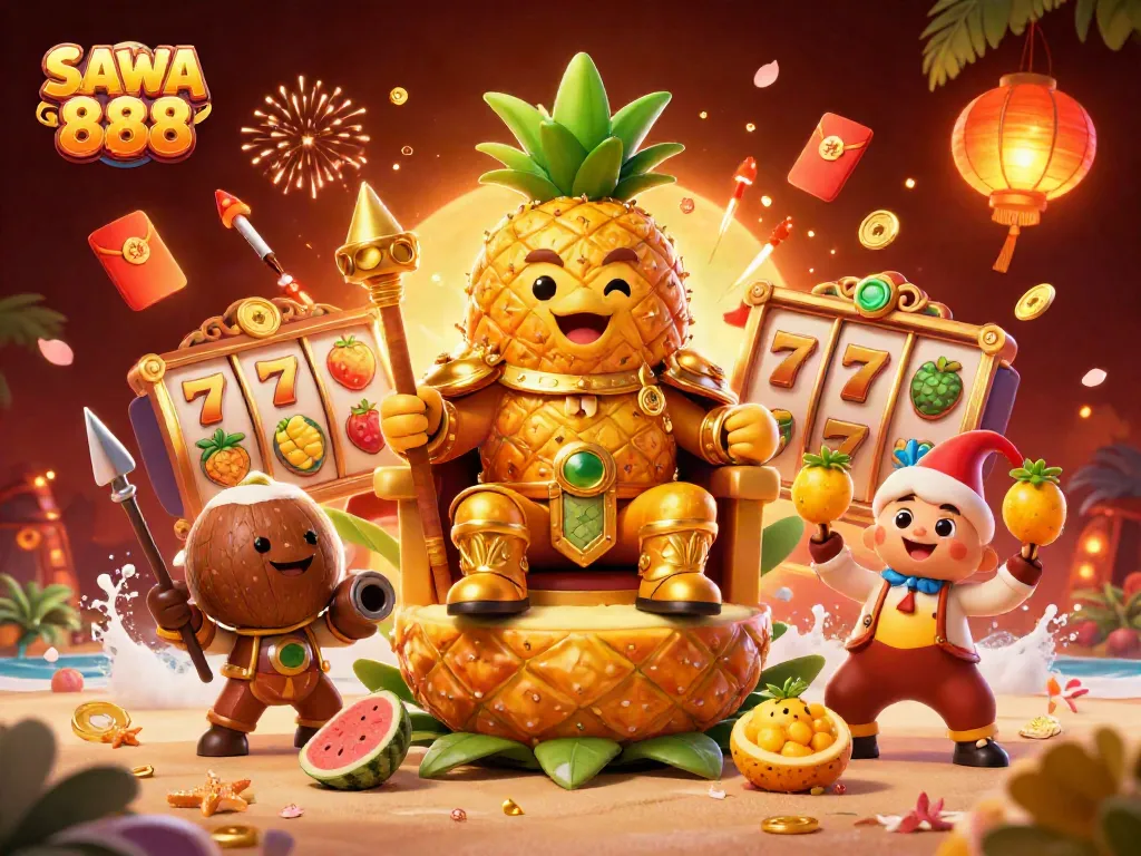 Engage with SAWA 888's thrilling slots in a vibrant casino scene filled with fun characters.