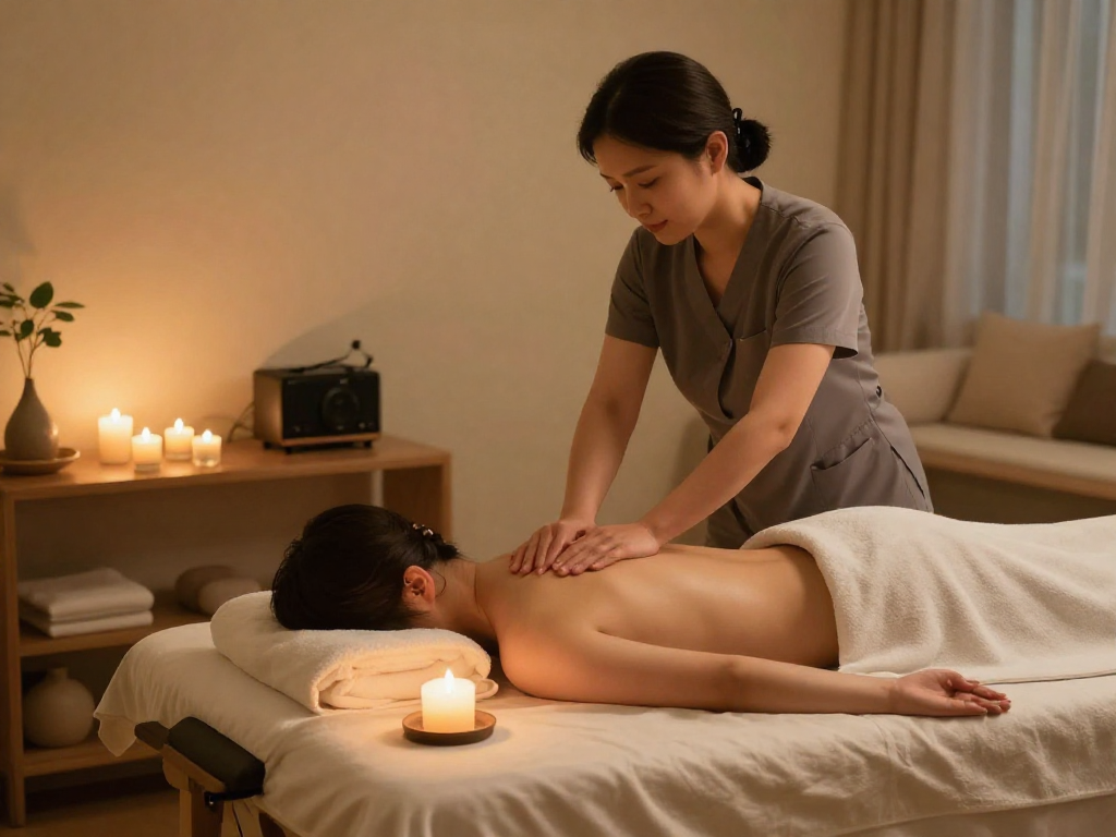 Home massage session showcasing 인천출장안마 with a professional therapist in a calm, relaxing atmosphere.